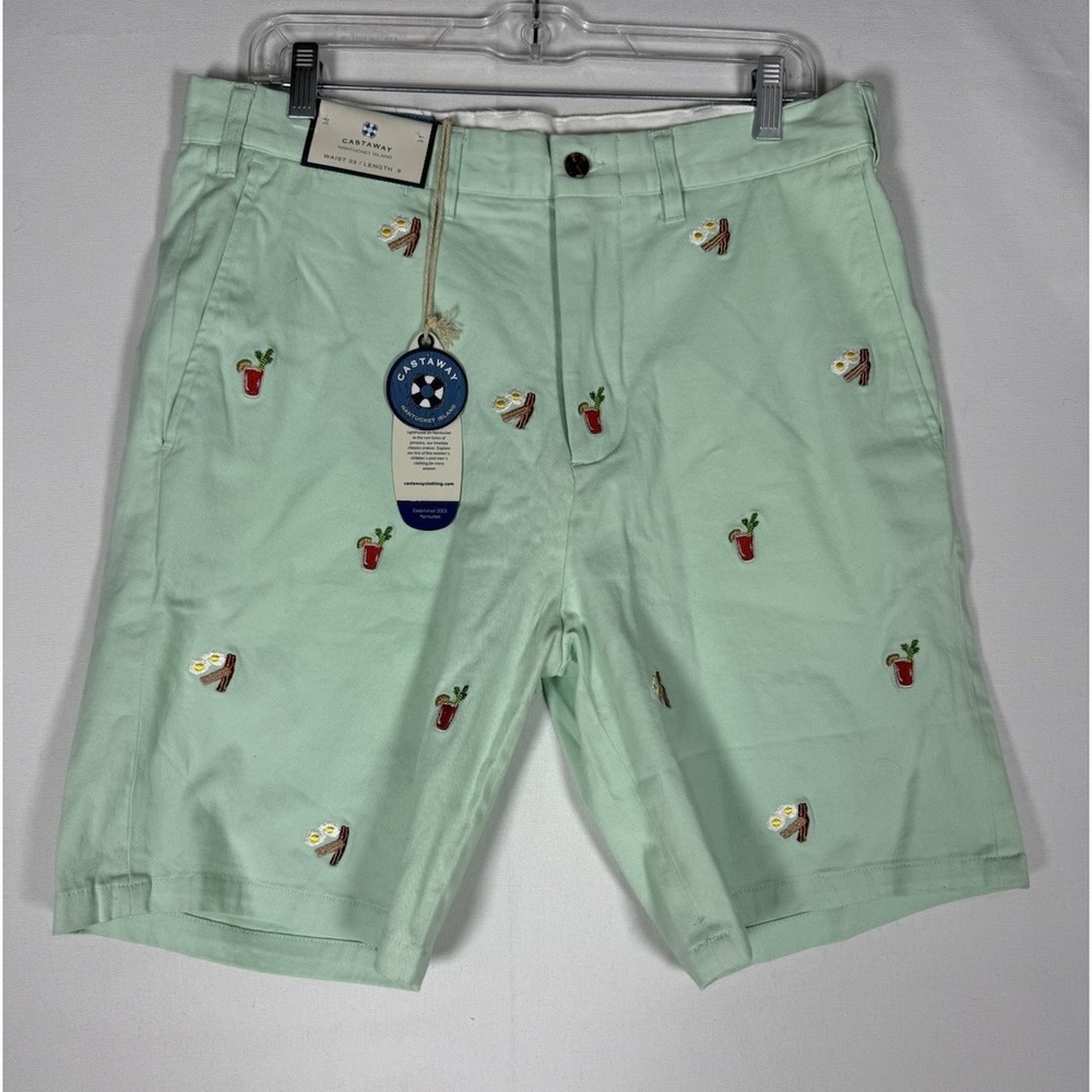 NWT Castaway Nantucket Island Shorts Men's 33 Green Breakfast Brunch 9" Inseam